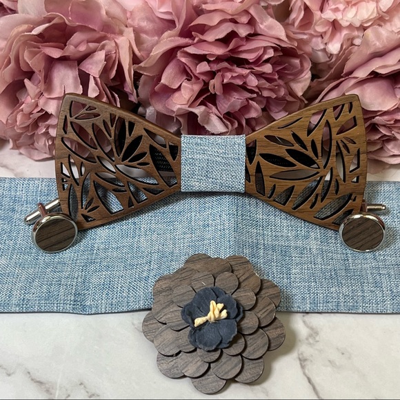 Handmade Wood Butterfly Bow Tie Cufflinks Blue Pocket Square & Boutonnière Set - Picture 4 of 16